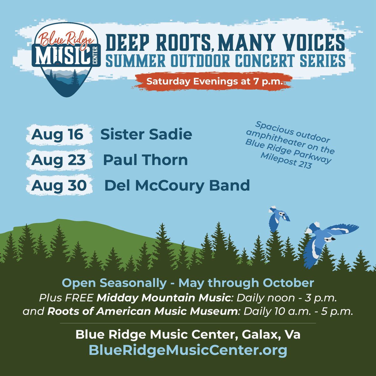 The Blue Ridge Music Center Summer Concert Series features the best in bluegrass, delta blues, and country swing with upcoming performances by: Sister Sadie, Aug. 16; Paul Thorn, Aug. 23; and Del McCoury Band, Aug. 30.

Check out the full Summer Concert Series line-up at