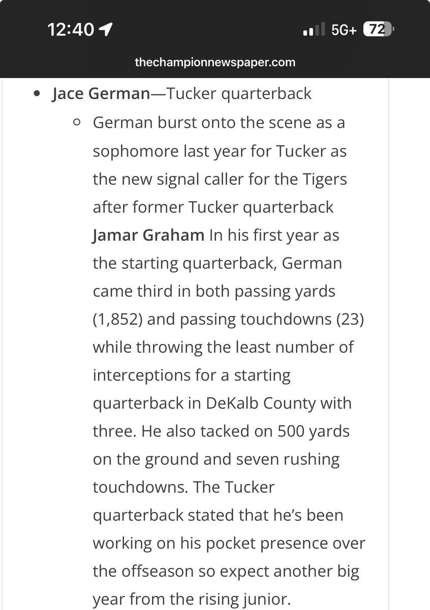 Tucker Tigers (@tuckerfootball) on Twitter photo 2027 QB <a href="/Jacegerman2/">Jace German</a> was listed as one of the players to watch this season in Dekalb County by <a href="/DeKalbChampNews/">The Champion Newspaper</a>!
Check out the article at the link below: thechampionnewspaper.com/teams-loaded-w… 2027 QB <a href="/Jacegerman2/">Jace German</a> was listed as one of the players to watch this season in Dekalb County by <a href="/DeKalbChampNews/">The Champion Newspaper</a>!
Check out the article at the link below: thechampionnewspaper.com/teams-loaded-w…