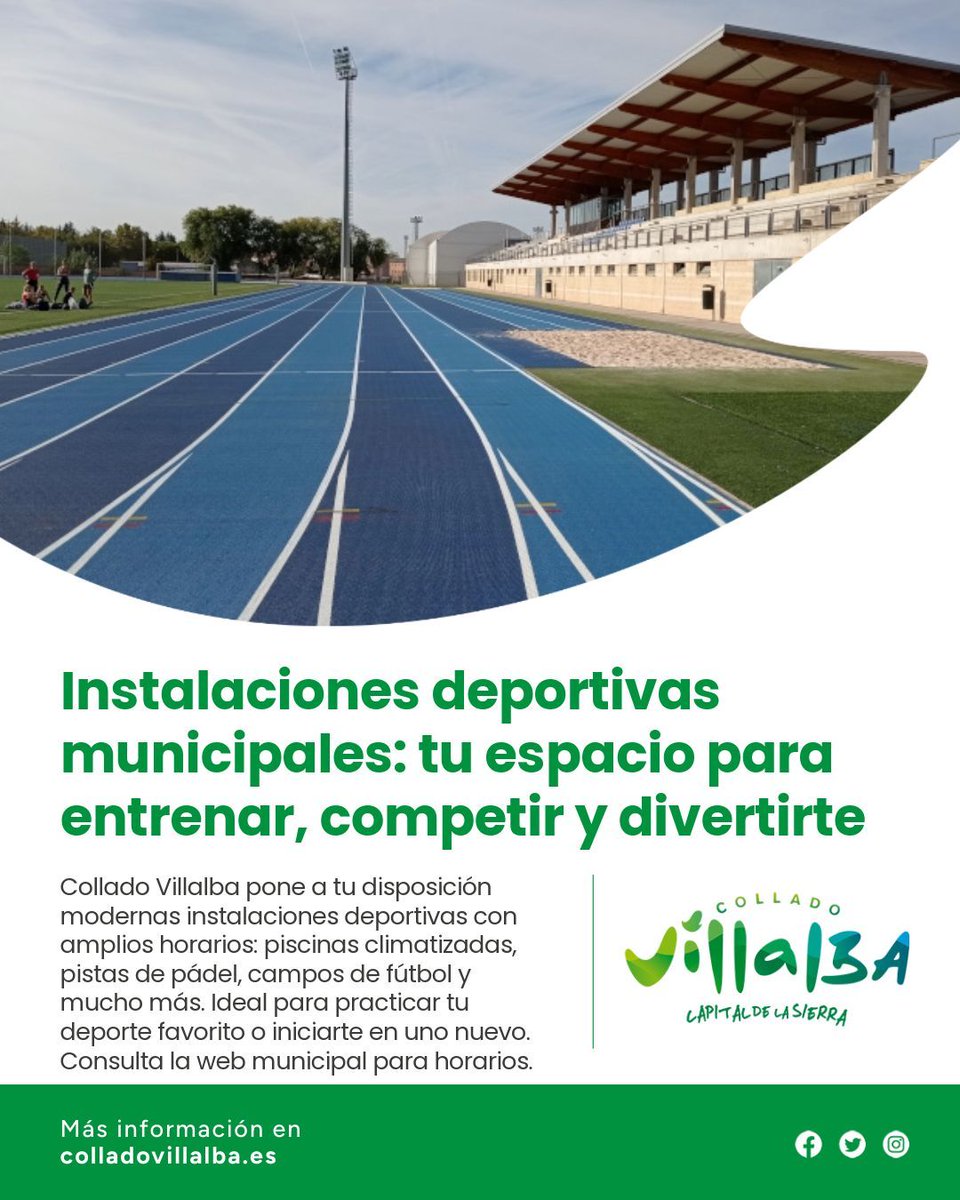 Ayuntamiento de Collado Villalba (@ayuntamientocv) on Twitter photo 🏟️ ¡Vive el deporte en #ColladoVillalba! ⚽🏊♂️
📍 Piscinas, polideportivos, pistas... ¡Todo para mantenerte activo!
📅 Consulta horarios y reserva tu espacio.
#DeporteLocal #ViveColladoVillalba 🏟️ ¡Vive el deporte en #ColladoVillalba! ⚽🏊♂️
📍 Piscinas, polideportivos, pistas... ¡Todo para mantenerte activo!
📅 Consulta horarios y reserva tu espacio.
#DeporteLocal #ViveColladoVillalba