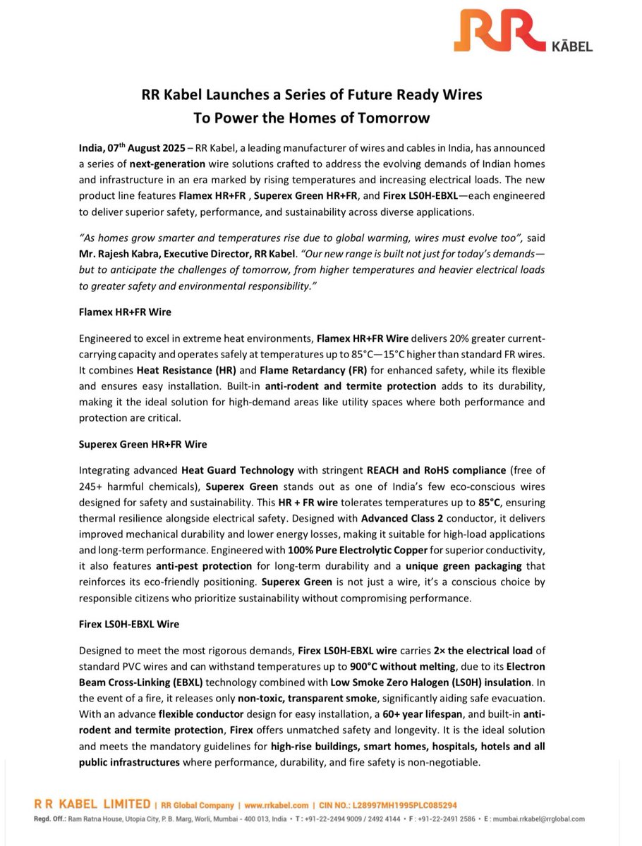 ⚡️ RR Kabel launched the new wire products: Flamex HR+FR, Superex Green HR+FR and Firex LS0H-EBXL. 

𝗣𝗿𝗼𝗱𝘂𝗰𝘁 𝗗𝗲𝘁𝗮𝗶𝗹𝘀:
  ▪ Flamex HR+FR: Engineered for extreme heat environments, offering 20% greater current-carrying capacity and operating up to 85°C. It includes