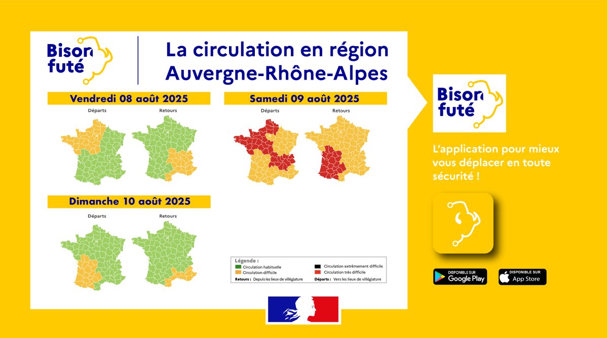 #BisonFuté | Ce week-end, la circulation sera particulièrement difficile en Auvergne-Rhône-Alpes : 
🟠A7, Lyon &lt;&gt; Orange
🔴 Accès au tunnel du Mont-Blanc, Italie &lt;&gt; France
🔴 A75, Clermont-Ferrand &lt;&gt; Béziers
🟠 A71, Clermont-Ferrand &lt;&gt; Orléans

Faites régulièrement des pauses !