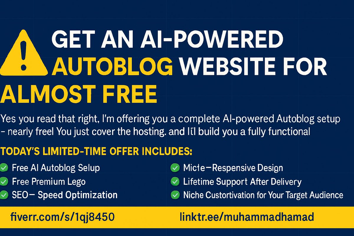 ⚠️ Get an AI-Powered Autoblog Website for ALMOST FREE – Just Pay Hosting!

📌 Order Now: fiverr.com/s/1qj8d50
📌 Explore All My Services: linktr.ee/muhammadhamad