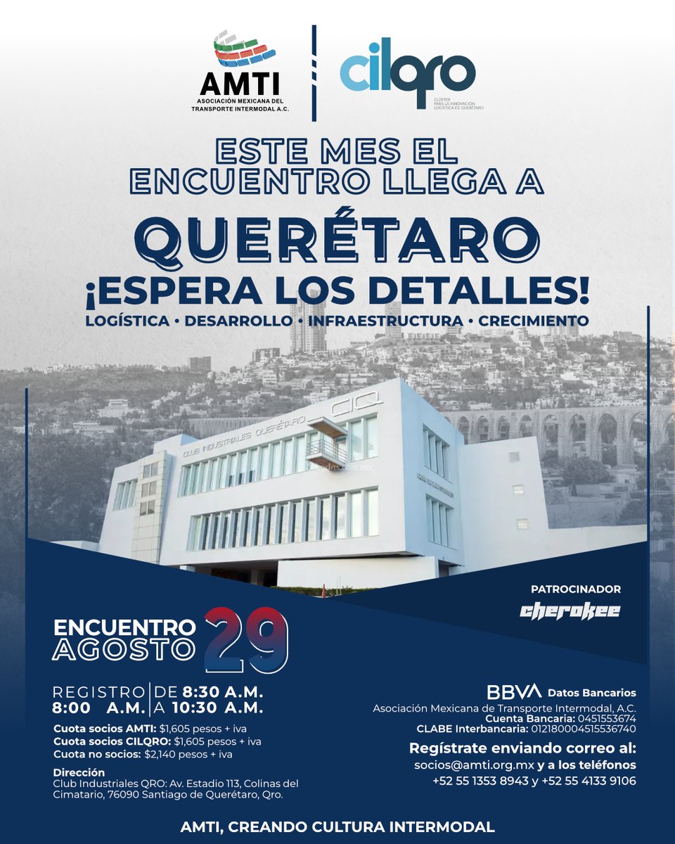 Con el objetivo de impulsar el conocimiento logístico y el desarrollo del transporte intermodal en Querétaro y la región Bajío, te invitamos al Encuentro Intermodal AMTI en conjunto con CILQRO, que se llevará a cabo el 29 de agosto en Qro.

Reserva tu lugar: socios@amti.org.mx