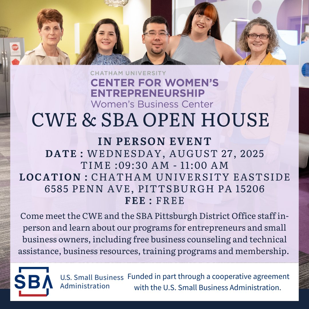 Join CWE for an open house with the U.S. <a href="/SBAgov/">SBA</a>  Small Business Administration Pittsburgh District Office to learn about free business counseling, resources, training, and more. Register here : chatham.edu/cwe/events/det…