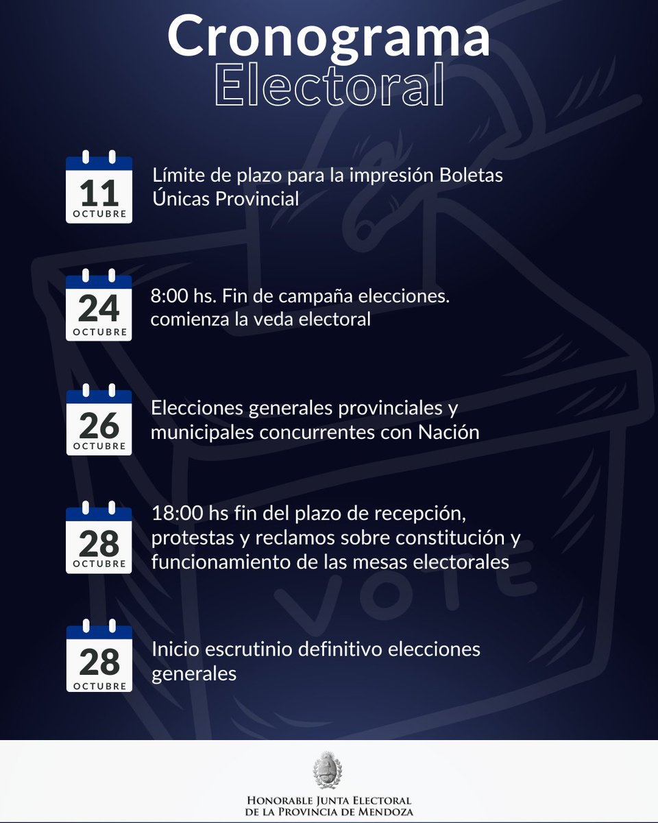ℹ️ La Junta Electoral estableció el cronograma electoral

🗳️ Se fijaron fechas tope para la presentación de alianzas electorales y cuando podrán iniciar formalmente las campañas electorales.

➡️ Más detalles ingresando en: jusmendoza.gob.ar/la-junta-elect…