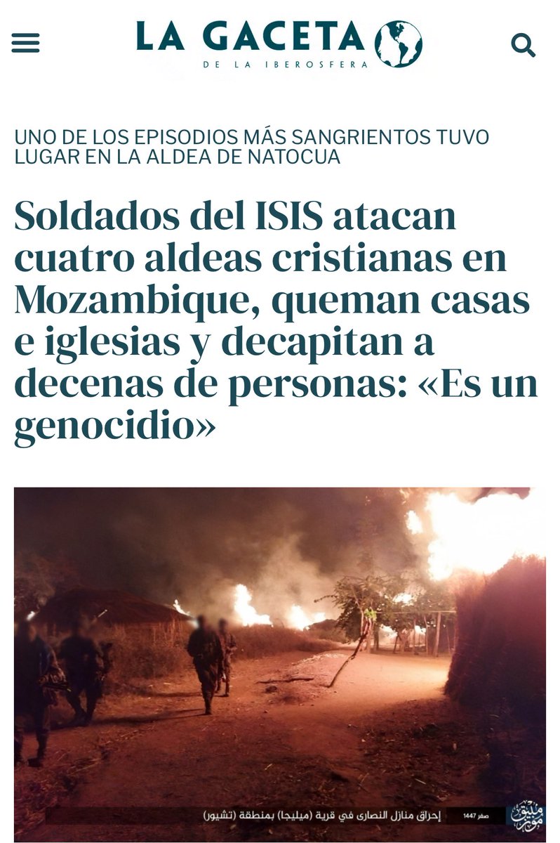 ‼️ El Estado Islámico ha atacado varias aldeas cristianas de Mozambique en las últimas semanas causando cientos de muertos y dejando un rastro de destrucción a su paso.

⚫️ Los cristianos son brutalmente perseguidos por el yihadismo en África, ante la indiferencia de occidente.
