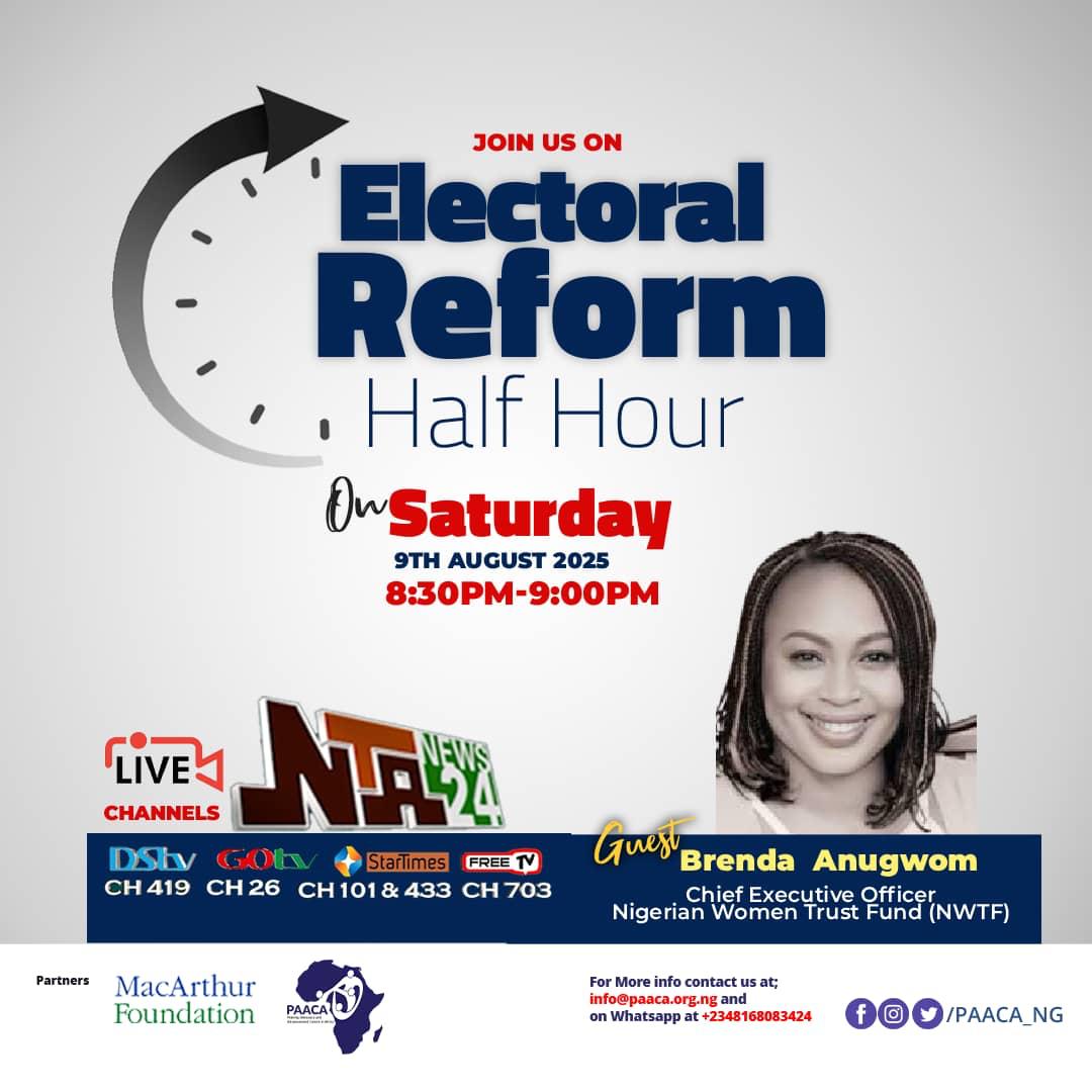 Nigerian Women Trust Fund (@womenfundng) on Twitter photo ๐ข Donโt miss Electoral Reform Half Hour this Saturday, 9th August at 8:30 PM!
๐บ Tune in as our CEO, <a href="/BeebbeeA/">Brenda Anugwom</a>, shares key insights on womenโs role in electoral reform.
Live on NTA News 24
#ElectoralReform
#WomenInPolitics
<a href="/macfound/">MacArthur Foundation</a>
<a href="/NTANewsNow/">NTANetwork</a>
<a href="/NTA_NEWS24/">NTANEWS24</a>
<a href="/PAACA/">PAACA</a> ๐ข Donโt miss Electoral Reform Half Hour this Saturday, 9th August at 8:30 PM!
๐บ Tune in as our CEO, <a href="/BeebbeeA/">Brenda Anugwom</a>, shares key insights on womenโs role in electoral reform.
Live on NTA News 24
#ElectoralReform
#WomenInPolitics
<a href="/macfound/">MacArthur Foundation</a>
<a href="/NTANewsNow/">NTANetwork</a>
<a href="/NTA_NEWS24/">NTANEWS24</a>
<a href="/PAACA/">PAACA</a>