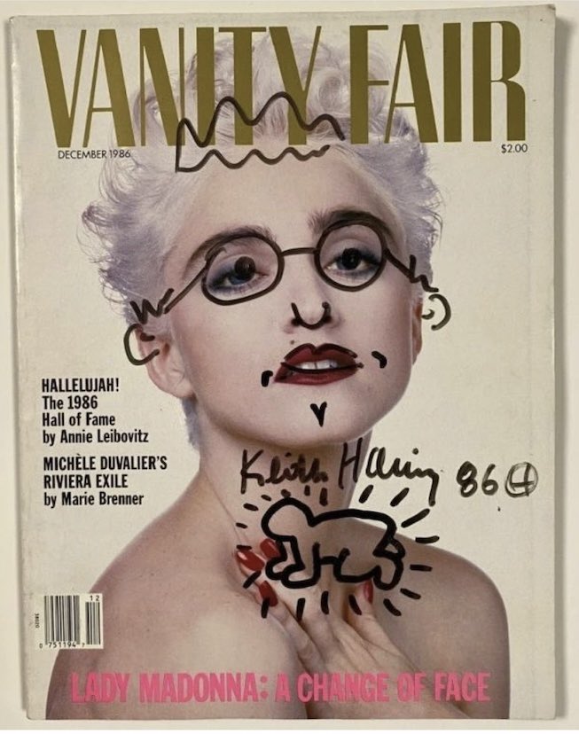 Friend of Madonna, artist Keith Haring doodles on her Vanity Fair cover (1986)
