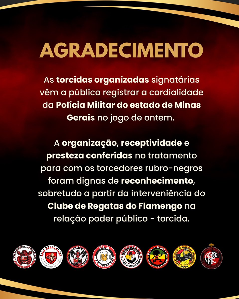 Assinam este agradecimento:

<a href="/tjf_oficial/">Torcida Jovem Fla</a> 
<a href="/rrn_oficial/">Raça Rubro-Negra</a> 
<a href="/falange/">falange</a>
<a href="/ubzoficial/">TORCIDA URUBUZADA</a> 
<a href="/flarootsrj/">Fla-Roots OFICIAL</a> 
<a href="/imperiorubroN/">G.R. Império Rubro Negro</a> 
<a href="/Nacao12/">Nação 12</a> 

#Flamengo
#ClubeDeRegatasDoFlamengo #CRF
#FlaManguaça
#MaiorChoppDoBrasil
#EmbriagadosPeloMengão
#CopaDoBrasil #camxFLA