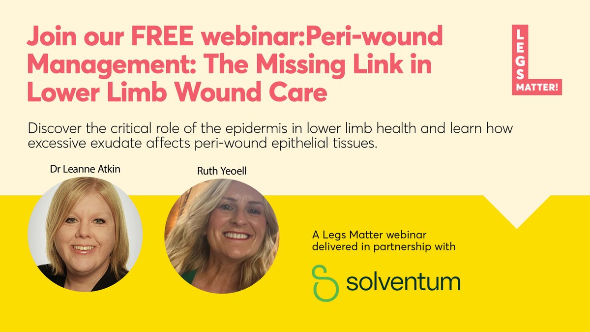 LegsMatter's tweet photo. 📢 Calling All Healthcare Professionals!
Gain key insights into lower limb wound care with our FREE webinar on 15th September 2025, from 6:30-7:30 PM.
🩺 Learn about:
✅ The role of the epidermis
✅ How excessive exudate affects wound healing
✅ Prevention and early treatment strategies

🌟 Don't miss out on expert advice from Dr. Leanne Atkin @leannejane1975 and Ruth Yeoell @solventum 
🔗 Reserve your place now
https://t.co/ydziQ1Ak4z