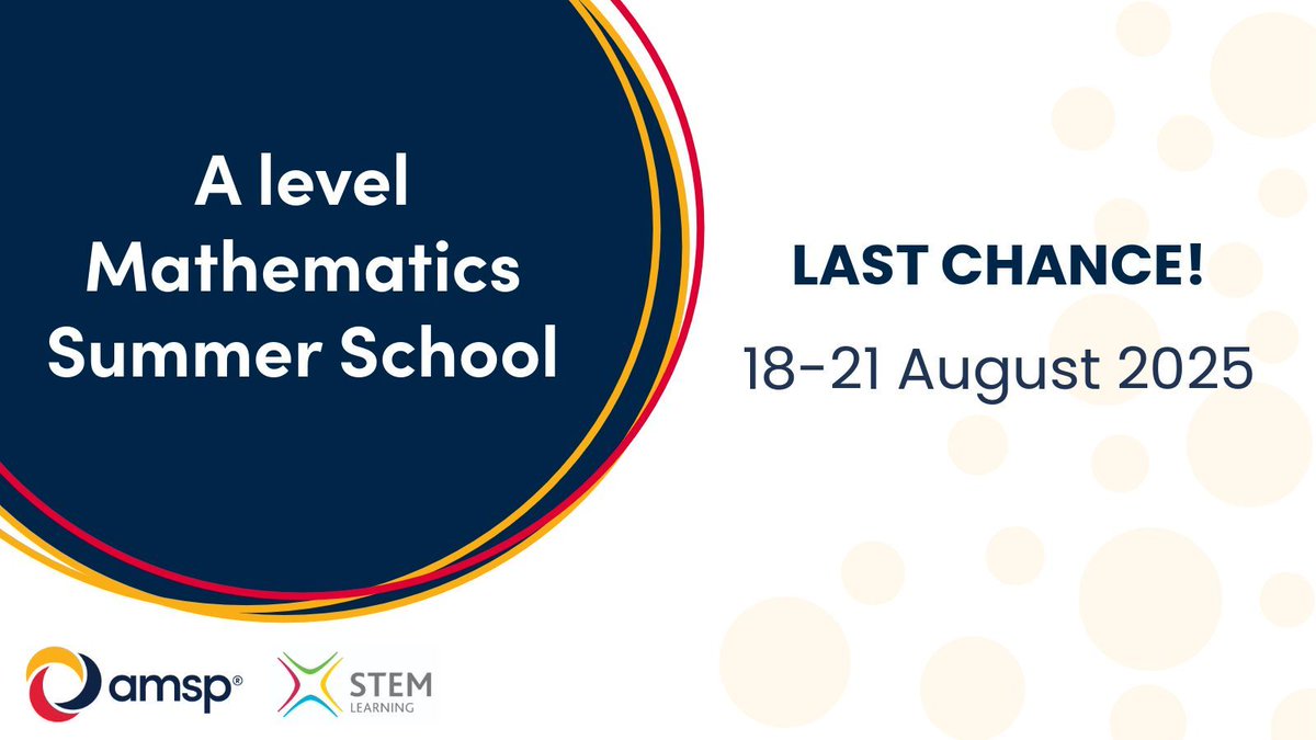 This is your LAST CHANCE to join our free A level Mathematics Summer School!  

Join us in York from 18-21 August if you’re new to teaching A level maths to gain confidence to step into the classroom in September. 

Book now: buff.ly/tBTLsI1 

#MathsTeacher #AlevelMaths