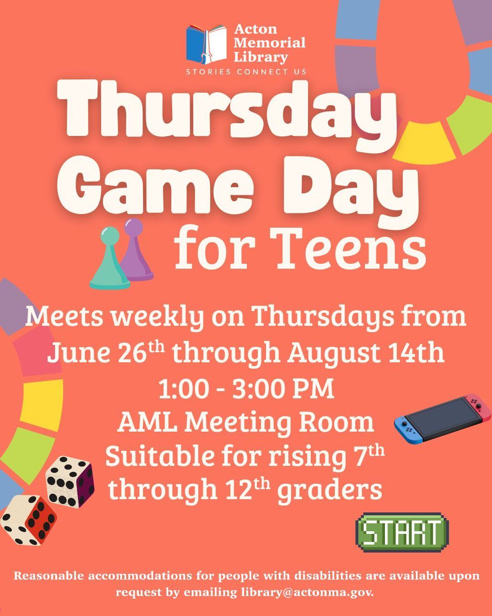 Teens, on Aug 14th, spend the afternoon playing board and Switch games with your friends. You can bring your own games or play using ours! See bio for accessibility info. #AML #ActonMA #LibraryEvents