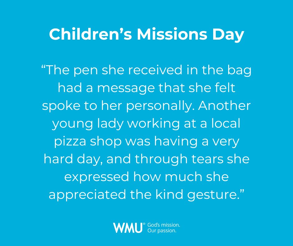 NationalWMU's tweet photo. 🙌 Children’s Missions Day is Sept. 20! How will your kids share Jesus’ love this year?
Last year, kids at FBC Belle Chasse, LA, blessed local businesses with random acts of kindness + goody bags.
👉 Plan now: https://t.co/IuD5MjFuOC #CMD2025 https://t.co/OsJAXosCuX