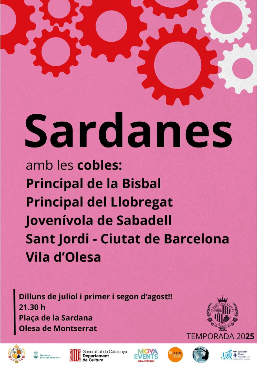 🔴 SARDANES A LA FRESCA

🎵 Aquest dilluns 11 d'agost a partir de les 21.30 h a la plaça de la Sardana d'#Olesa, tanca el cicle "#Sardanes a la fresca" que organitza <a href="/acf_olesa/">ACF Olesa Sardanista</a>. Aquesta serà una nit molt especial junt amb la <a href="/coblaviladolesa/">Cobla Vila d’Olesa</a> 

#sardanesalaplaça
