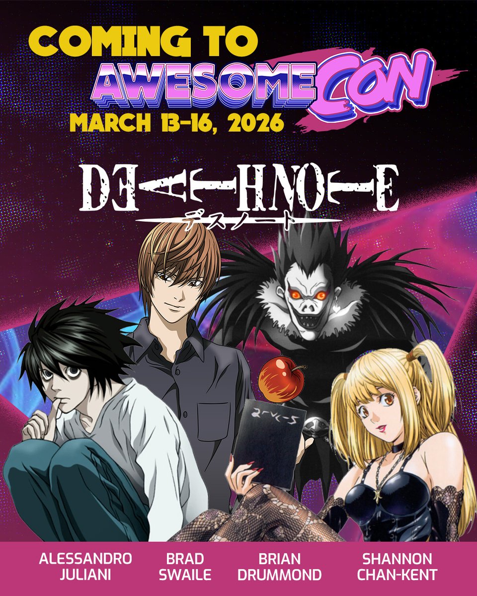 AwesomeCon's tweet image. ⭐ GUEST ANNOUNCEMENT ⭐ Death Note voice actors Brad Swaile (Light), Alessandro Juliani (L), Shannon Chan-Kent (Misa), and Brian Drummond (Ryuk) are coming to #AwesomeCon in March!

🐣 Buy Early Bird Badges &amp;gt;&amp;gt; awesome-con.com/badges
⭐ View Guests &amp;gt;&amp;gt; awesome-con.com/guest