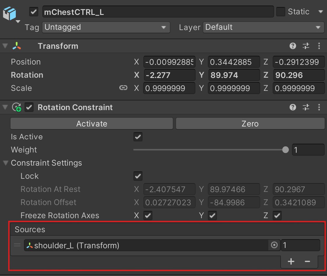 💪 How to add my chest muscle system to your avatar

- Add 2 helper bones parented to the Chest Pic1
- Add matching vertex groups
- Weightpaint like Pic2
- Import in Unity and add rotation constraints to each bone Pic3

If this helped, crediting and sharing are very appreciated✨