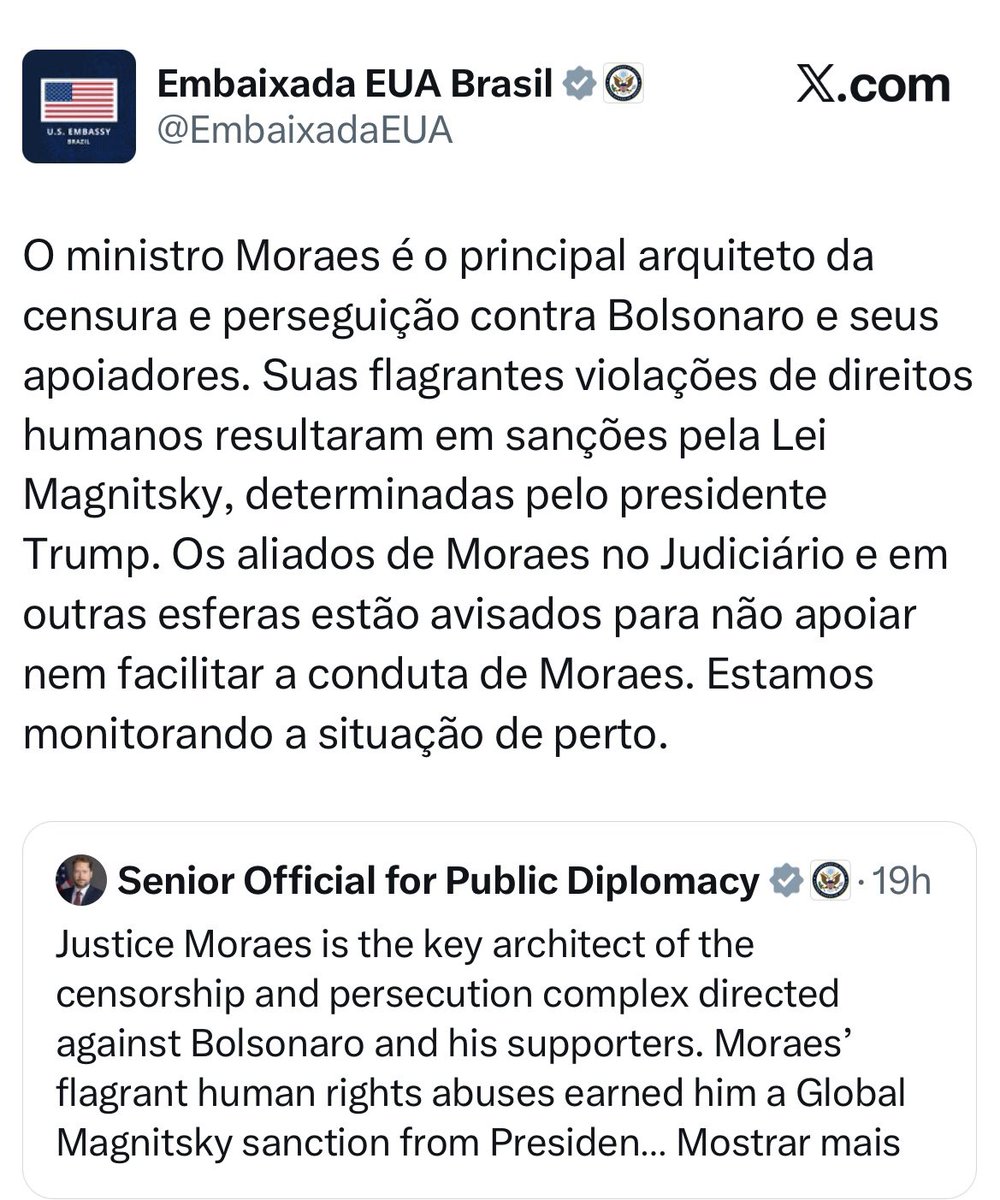 Isso não é comportamento de uma representação diplomática, é típico de mafiosos. O governo dos EUA tentam se impor pela força, com ameaças. Que as autoridades brasileiras não se dobrem. Que resistamos.