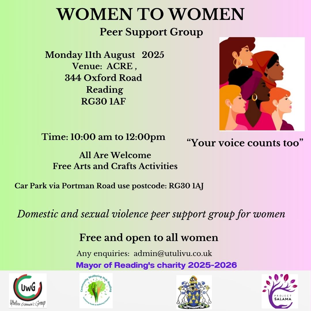 Need support or just a safe space to connect? Join Women to Women — a free peer support group for women affected by domestic/sexual violence or seeking connection.
Mon 11 Aug 🕙 10am–12pm
 ACRE, 344 Oxford Rd, Reading RG30 1AF
Creative activities, ✨ Come as you are. #utulivu