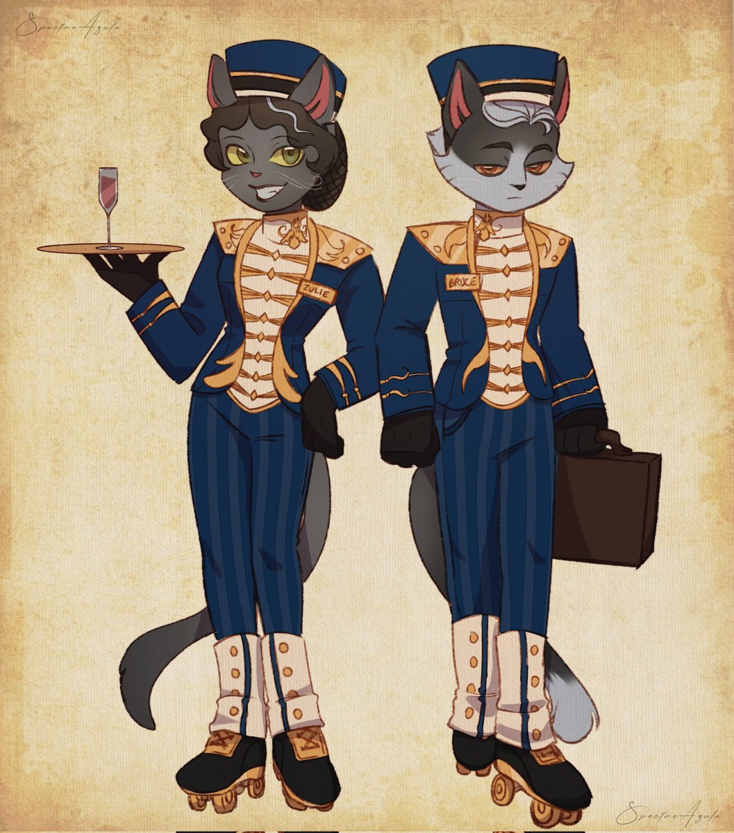 SpectreAzula's tweet photo. A sample of staff uniforms for the WRM Hotel ✨✨✨
And yes new lackaocs too,
Zulie & Bruce ⸜(。˃ ᵕ ˂ )⸝💛💛💛
#LackadaisyCats #lackadaisyOC #lackaocs #ZulieMartin #BruceAnderson #staffuniforms https://t.co/eQ0GxKy3Ez