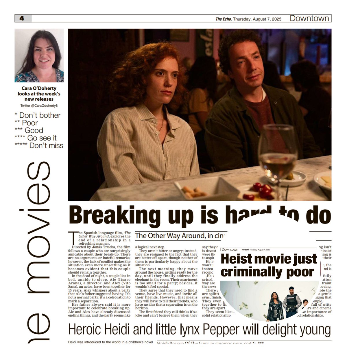 Cara O'Doherty (@caraodoherty8) on Twitter photo It's film review day in <a href="/echolivecork/">EchoLive.ie</a>. #HeidiRescueOfTheLynx will delight young environmentalists and adventurers, #TheOtherWayAround is a Spanish gem about an amicable breakup, and I watched #ThePickUp so you don’t have to. Yes, it is that bad. It's film review day in <a href="/echolivecork/">EchoLive.ie</a>. #HeidiRescueOfTheLynx will delight young environmentalists and adventurers, #TheOtherWayAround is a Spanish gem about an amicable breakup, and I watched #ThePickUp so you don’t have to. Yes, it is that bad.