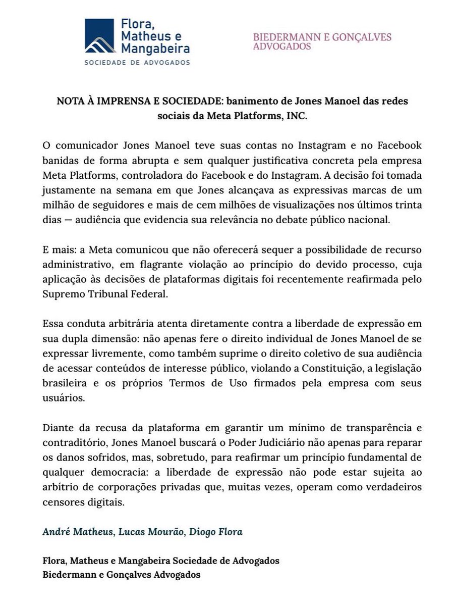 🚨 Censura digital em curso
Nesta semana, sem qualquer justificativa concreta, as contas de Jones Manoel no Instagram e no Facebook foram banidas pela Meta — justamente quando ele atingia a marca de 1 milhão de seguidores e mais de 100 milhões de visualizações no mês.

A empresa
