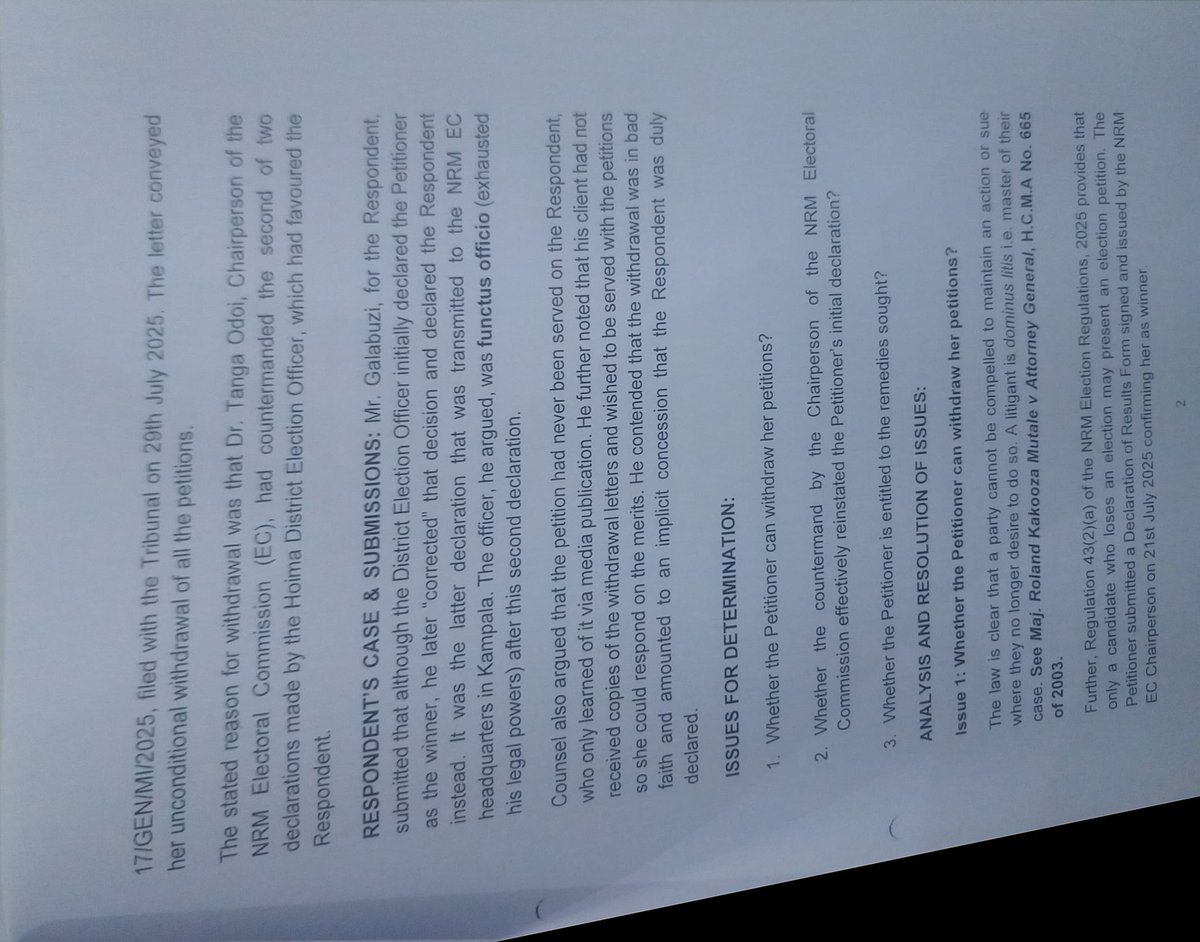 #CMGNewsDesk || The NRM  Election Disputes Tribunal has Nullified  the election  of Incumbent legislator Harriet Busingye as Hoima District Woman Flag Bearer.  The Tribunal headed by Lawyer John Musiime has instead reinstated Beatrice Wembabazi as the flag bearer.