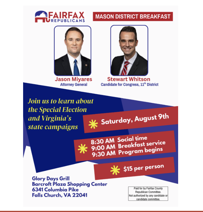 11cdgop (@11cdgop) on Twitter photo 🇺🇸 Mason District Republicans Breakfast! Meet AG <a href="/JasonMiyaresVA/">Jason Miyares</a> & <a href="/stew_whitson/">Stewart Whitson</a> (VA-11 candidate). Saturday 8/9 at 8:30am, Glory Days Grill, 6341 Columbia Pike. Tickets: $15. RSVP: fairfaxgop.nucleuspages.com/events/mason-b… #VA11" 🇺🇸 Mason District Republicans Breakfast! Meet AG <a href="/JasonMiyaresVA/">Jason Miyares</a> & <a href="/stew_whitson/">Stewart Whitson</a> (VA-11 candidate). Saturday 8/9 at 8:30am, Glory Days Grill, 6341 Columbia Pike. Tickets: $15. RSVP: fairfaxgop.nucleuspages.com/events/mason-b… #VA11"