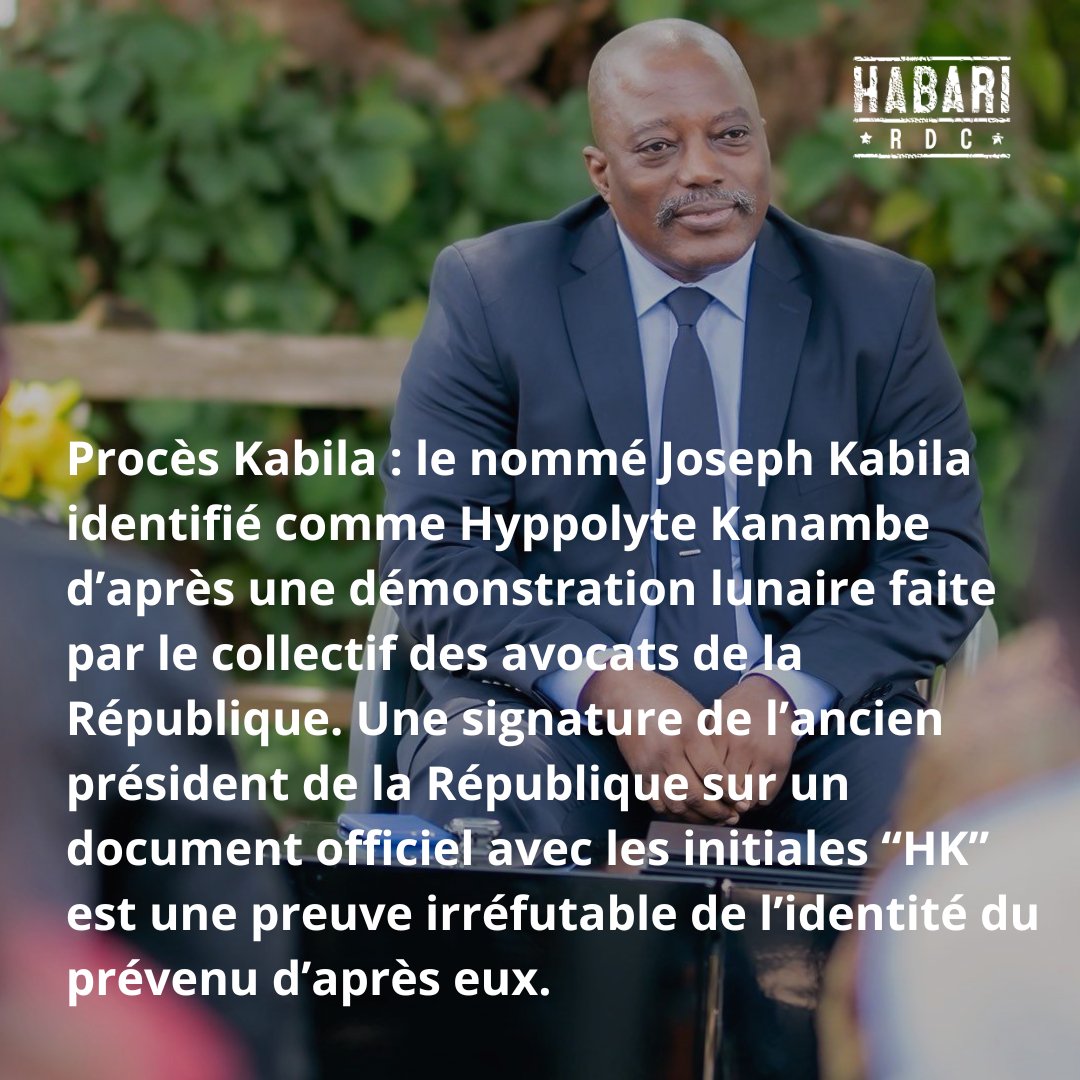 À l'occasion de l'audience de ce jour, le collectif des avocats de la République a tenu à démontrer que la personne nommée Joseph Kabila, ancien président de la république, est en réalité un imposteur dont le véritable nom est Hyppolite Kanambe.
Le verdict du procès est attendu