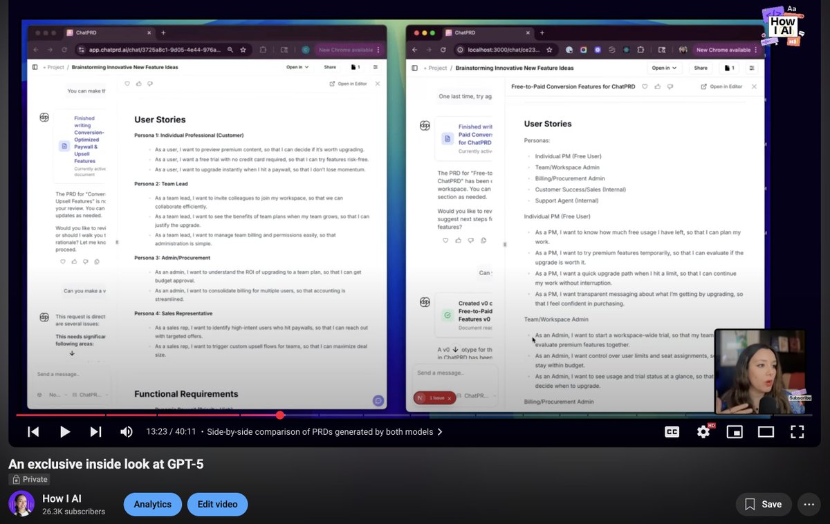 clairevo's tweet photo. GPT-5 is here and is my new favorite AI engineer.

I was given early access and tested this new model on @chatprd along with some of my favorite coding, business, and personal workflows.

Here's a special How I AI deep dive on this new model, and what I love (and don't) about it 👇