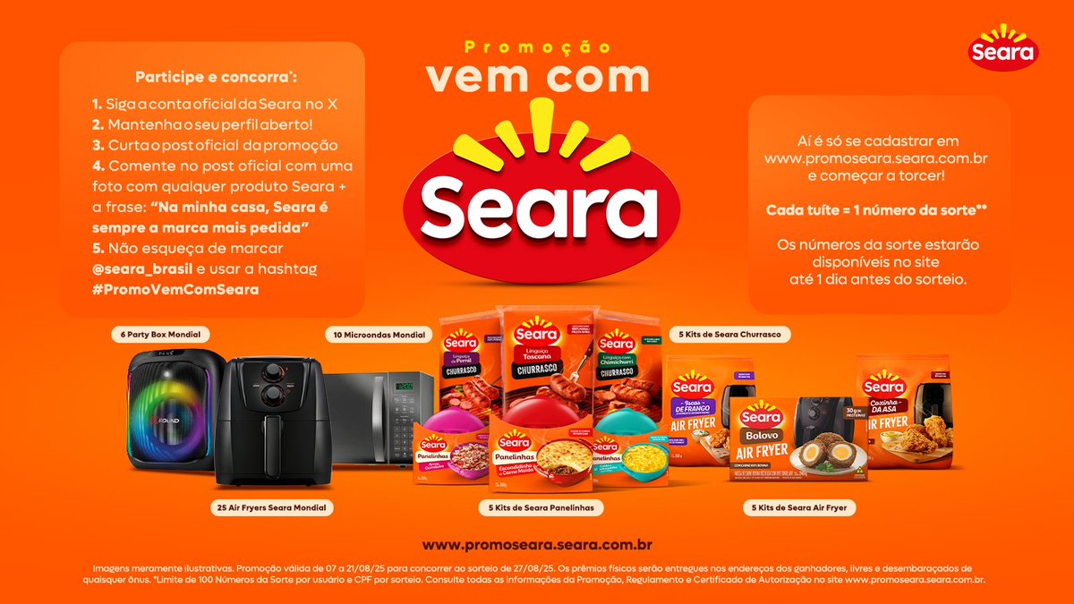 seara_brasil's tweet photo. A promoção Vem com Seara te dá prêmios irresistíveis! 🧡😍

Siga o passo a passo para participar 👇 https://t.co/t3CSrZKpY6