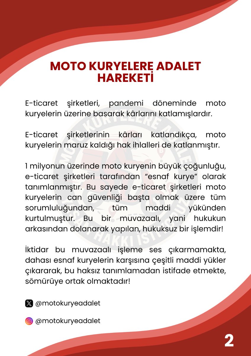 motokuryeadalet's tweet photo. BASINA VE KAMUOYUNA

📢 MOTO KURYELERE ADALET HAREKETİ – BASIN BİLDİRİSİ https://t.co/MAnvqu891e