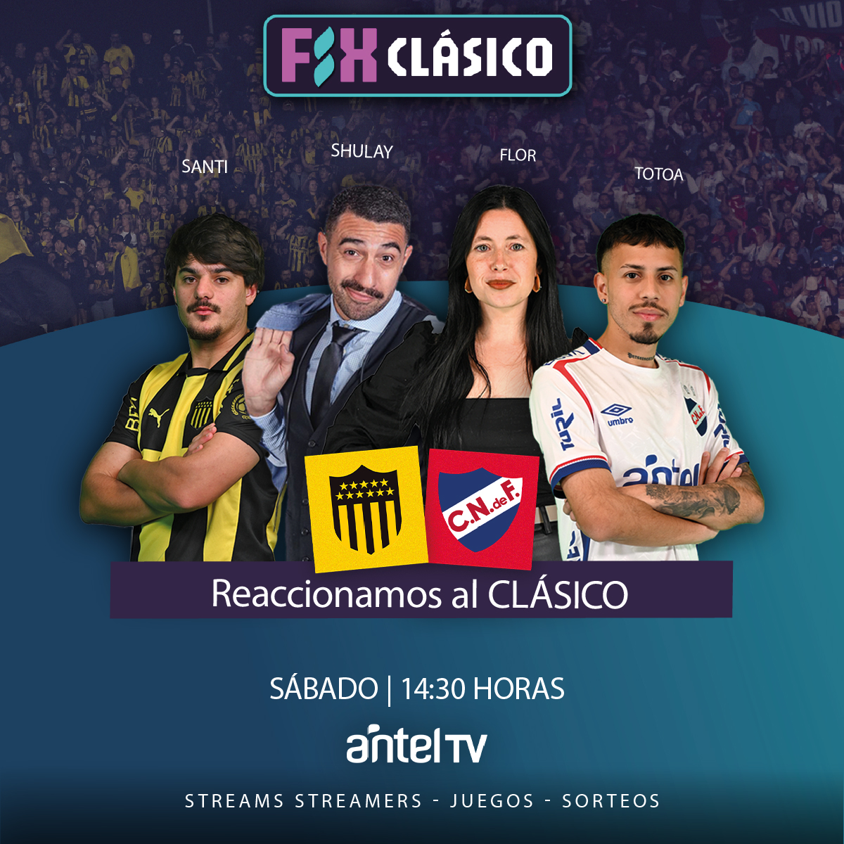 ⚽️ ¡Viví un clásico diferente por Antel TV! <a href="/Nacional/">Nacional</a> vs <a href="/OficialCAP/">PEÑAROL</a>.
 
📅 Sábado  🕝 14:30 
¡Reaccioná en vivo!
Streamers |  Sorteos |Trivias
 
🔥 La pasión viaja por la señal de Antel TV.
🔗👉 anteltv.com.uy