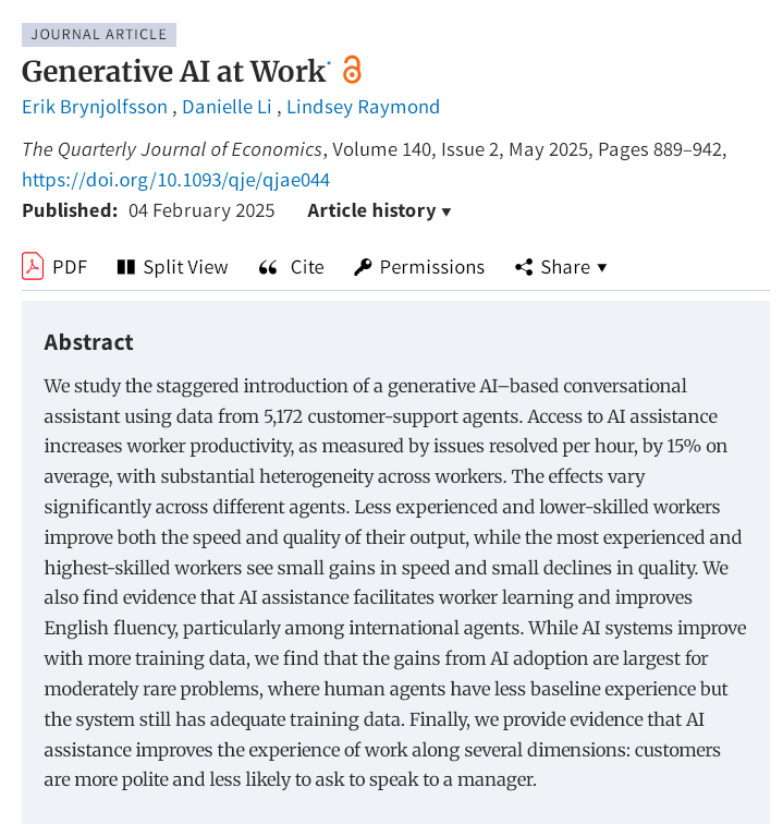 AdamMGrant's tweet image. Using AI doesn’t have to make us dumber.

Evidence: AI boosts service rep productivity and customer satisfaction. Even during AI outages, those who use it regularly are more effective.

Outsourcing thinking to AI yields cognitive debt. Learning from AI pays cognitive dividends.