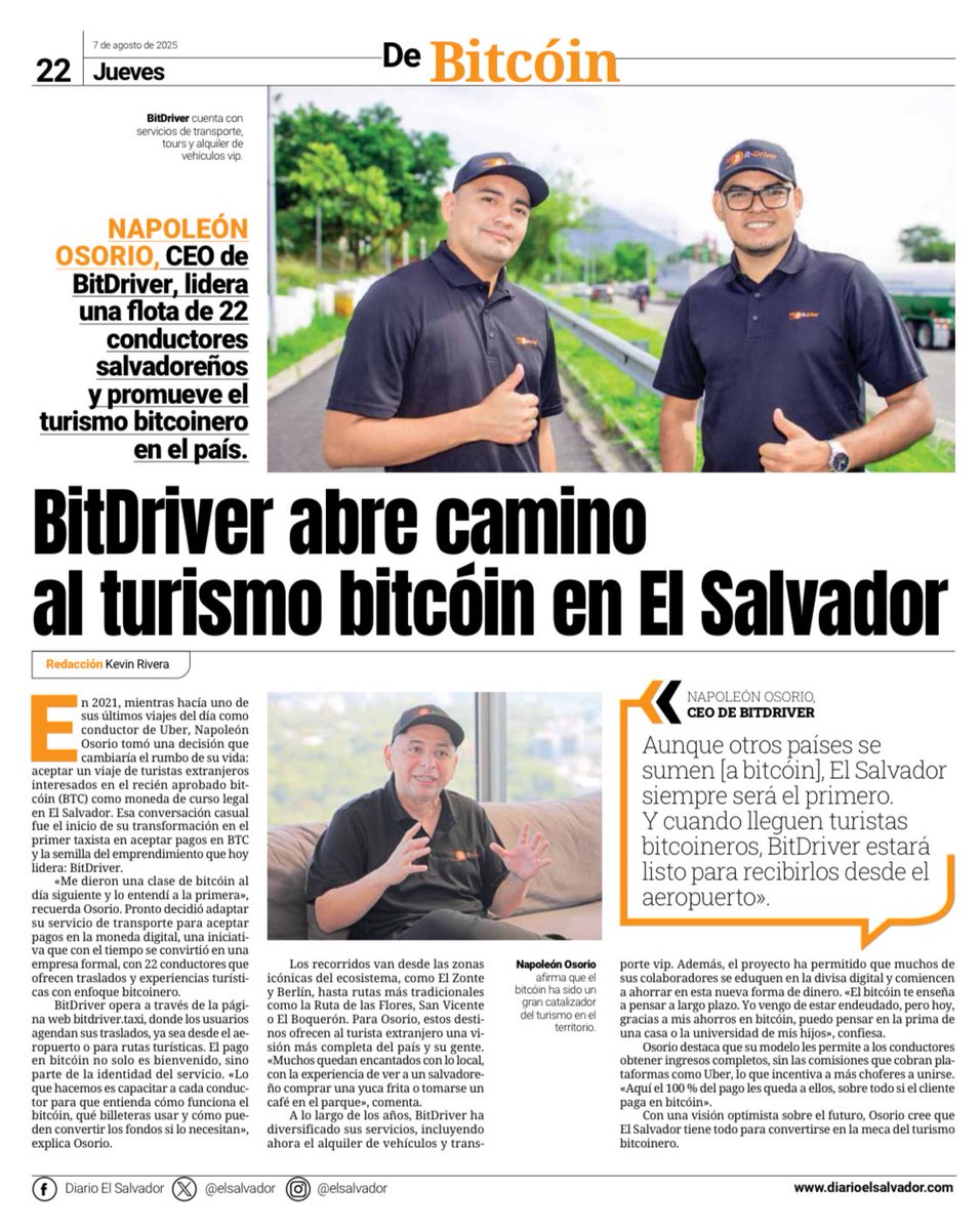 My latest interview: <a href="/elisuademo/">Napoleon Osorio 🐍</a> (<a href="/bitdriver_sv/">Bitdriver</a>), El Salvador’s first #Bitcoin taxi driver. From banking to Bitcoin, now leading the way in #BitcoinTourism.

Read how he’s changing lives on the road 🚕🇸🇻 👉 

diarioelsalvador.com/bitdriver-abre…