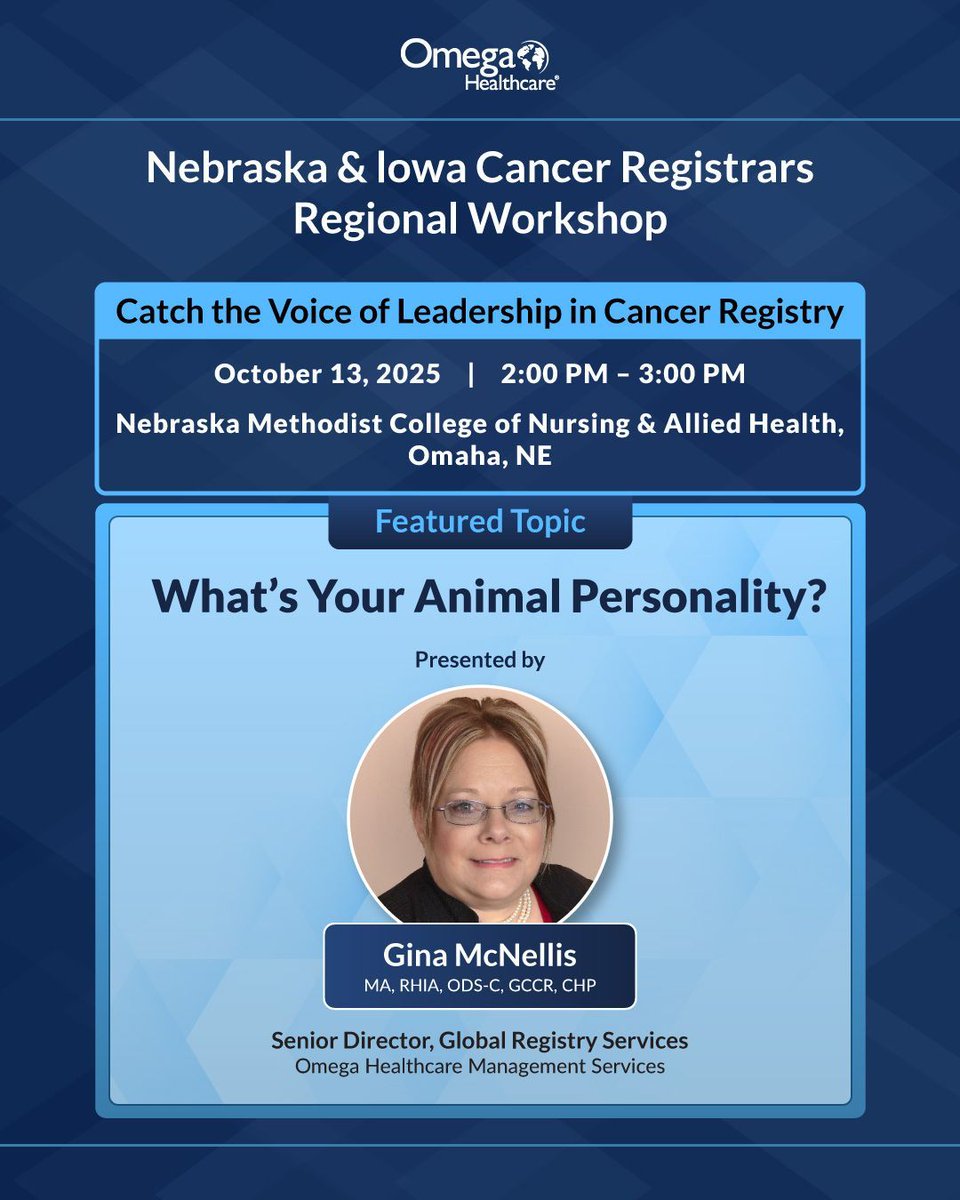 We’re proud to have Gina McNellis, MA, RHIA, ODS-C, GCCR, CHP, Senior Director – Global Registry Services at Omega Healthcare, as a featured speaker, representing Omega Healthcare at the Nebraska &amp; Iowa Cancer Registrars Regional Workshop this October.

She will be presenting a