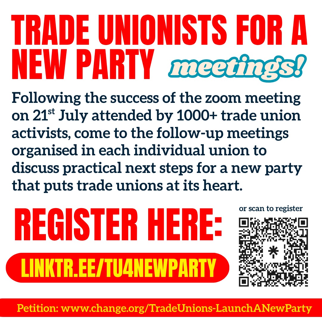 Following the success of the Zoom meeting on 21st July attended by 1000+ trade union activists, and addressed by Jeremy Corbyn and Zarah Sultana, come to the follow-up meetings organised in each union.

Link to Usdaw meeting, Sunday 31st August, 7pm here - us06web.zoom.us/meeting/regist…