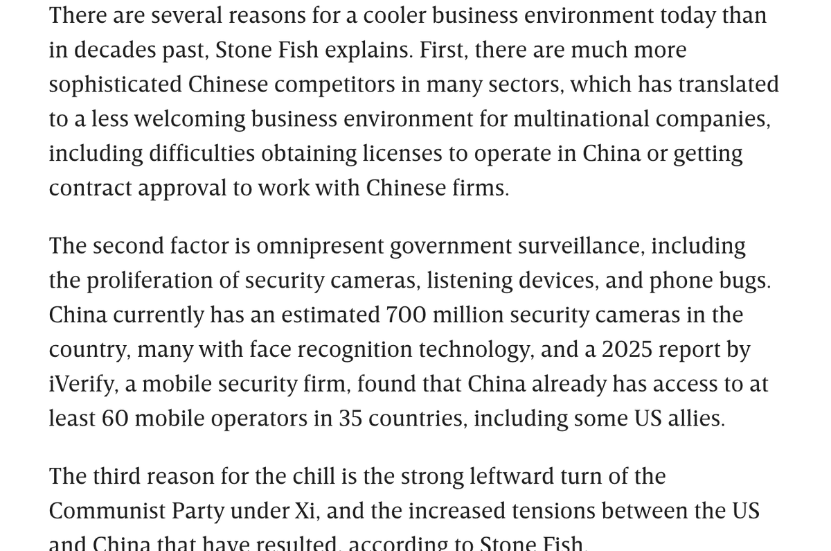 Surprised by how little this gets mentioned, but one reason China has become less hospitable to foreigners and investors is the strong leftward turn under Xi Jinping. China has moved strongly to the left over the last 13 years. 
Grateful to Wired for the opportunity to share some