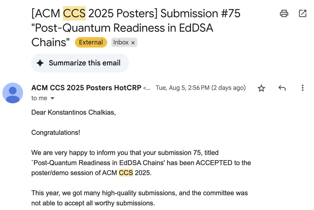 Sui's Quantum Safety breakthrough has been accepted to the ACM CCS 2025 posters session, taking place this October in Taiwan! 

For those unfamiliar with academic conferences, <a href="/TheOfficialACM/">Association for Computing Machinery</a> CCS is one of the top and most prestigious events in the whole communications security