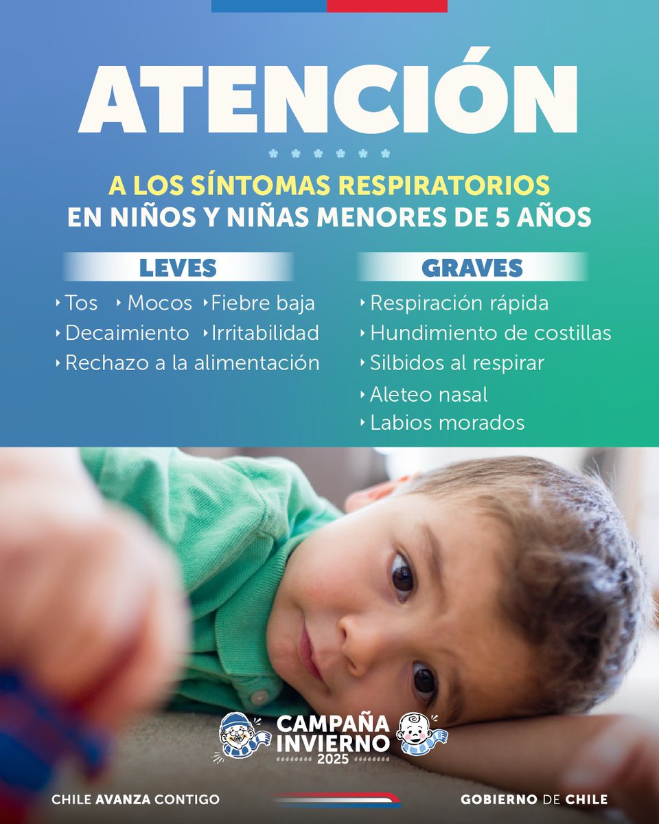 🚨 Niños/as menores de 5 años con síntomas respiratorios necesitan atención 🔵 Leves: tos, fiebre baja, decaimiento 🔴Graves: respiración rápida, labios morados, hundimiento de costillas ¡Actúa a tiempo! 📷 🏥