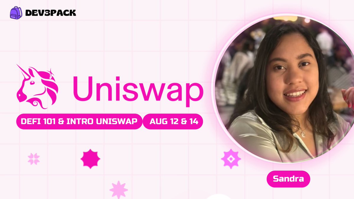 Uniswap is coming to dev3pack 🦄

We are hosting 2 killing sessions about DeFi with <a href="/sandraupgrade/">San</a>, community manager at @uniswap, and one of our amazing mentors 🩷

&gt; DeFi 101 - Aug 12
&gt; Intro to Uniswap - Aug 14

Register here 👇
lu.ma/556pfsz1