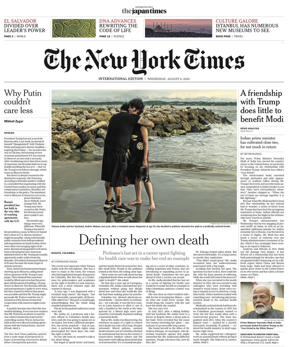 Federico Rios (@federicorios) on Twitter photo Una paciente con cáncer eligió la muerte asistida.
Hoy en la portada de <a href="/nytimes/">The New York Times</a> nuestro artículo sobre la muerte de Tatiana Andia.
Un trabajo junto a <a href="/snolen/">Stephanie Nolen</a> y que pueden leer en español aquí:
nytimes.com/es/2025/08/07/… Una paciente con cáncer eligió la muerte asistida.
Hoy en la portada de <a href="/nytimes/">The New York Times</a> nuestro artículo sobre la muerte de Tatiana Andia.
Un trabajo junto a <a href="/snolen/">Stephanie Nolen</a> y que pueden leer en español aquí:
nytimes.com/es/2025/08/07/…