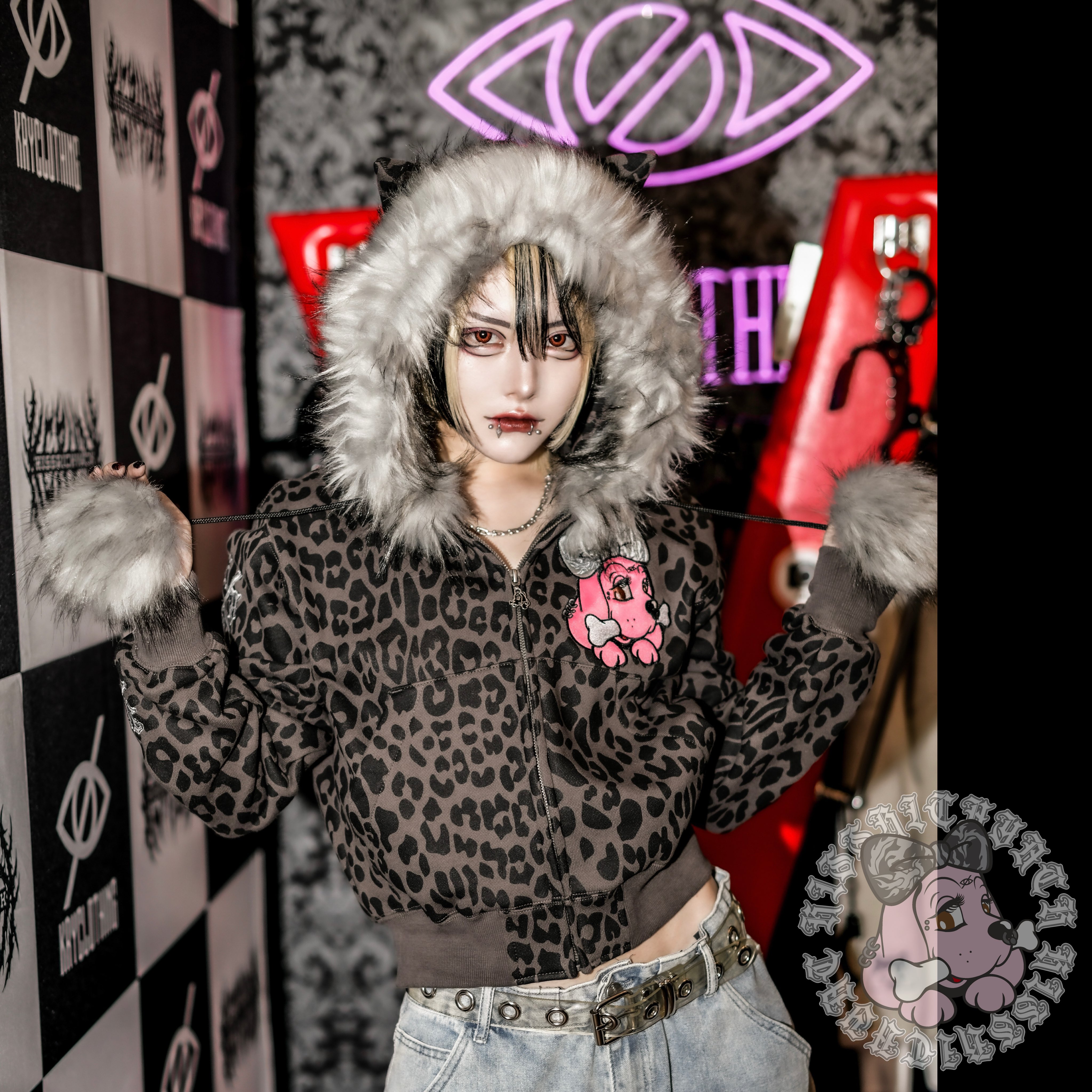 GALFY×KRY コラボパーカー GALFY×KRYコラボアイテム ケモミミ染めボロパーカー2 ブラック