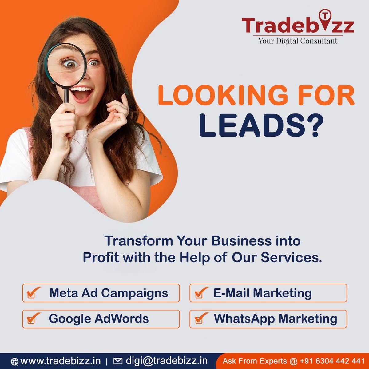 TradeBizSEO's tweet photo. 𝐋𝐨𝐨𝐤𝐢𝐧𝐠 𝐟𝐨𝐫 𝐇𝐢𝐠𝐡-𝐐𝐮𝐚𝐥𝐢𝐭𝐲 𝐋𝐞𝐚𝐝𝐬
Let Tradebizz turn your clicks into customers! 
Call Now: +91 6304 442 441
https://t.co/78eJnPy5pW | digi@tradebizz.in
#Tradebizz #LeadGeneration #DigitalMarketing #MetaAds #GoogleAds #EmailMarketing #WhatsAppMarketing https://t.co/zrboXmY1MO