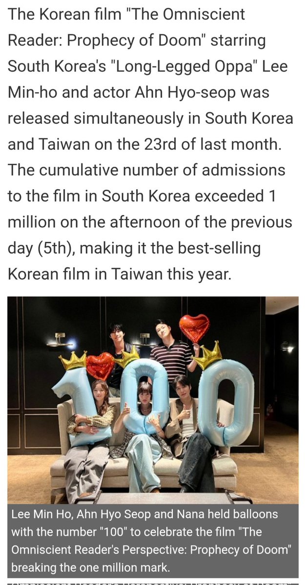 Hwendy2022's tweet image. #LeeMinHo&apos;s #ORV topped HK box office chart on its release day &amp;amp; grossed HK$3.1M in its 1st week,making it the best-performing Kfilm in HK since 2021.The no. of admissions to d film in SK exceeded 1M,&amp;amp; it&apos;s also the best-selling Kfilm in Taiwan this year🔥
hk.on.cc/hk/bkn/cnt/ent…