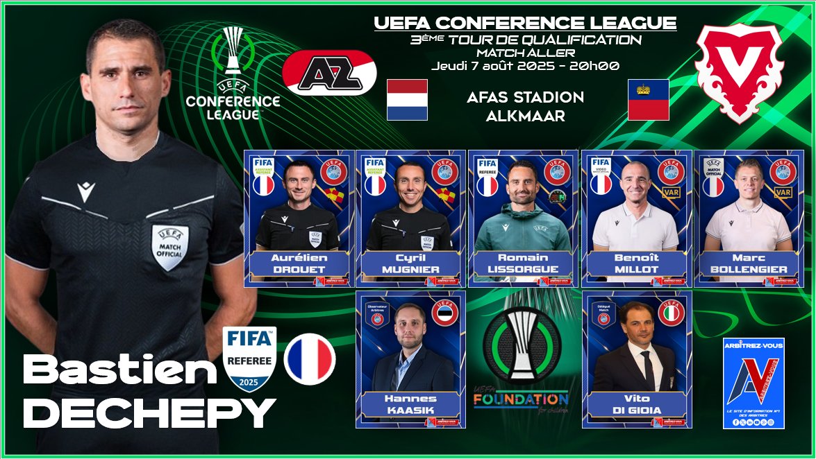 🌍| #UEFA -🏆 #uefaconferenceleague #UECL 
⚽️| AZ Alkmaar 🇳🇱 🆚  FC Vaduz 🇱🇮
🗓️| 07/08/2025 - 🕖| 20h00
🏟️| AFAS Stadium - ALKMAAR
ℹ️| arbitrezvous.com/post/uefa-conf…

<a href="/Conf_League/">UEFA Conference League</a> <a href="/UEFAcom_fr/">L'UEFA en français</a> <a href="/FFF/">FFF</a> <a href="/ArbitresSAFE/">SAFE</a> <a href="/lequipe/">L'Équipe</a> <a href="/sports_ouest/">Ouest-France Sports</a> <a href="/lavoixdessports/">La Voix des Sports</a> <a href="/deux_zero/">deux-zero.com</a>