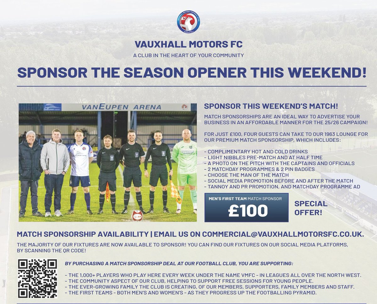 Sponsor our season opener against <a href="/StalyCelticFC/">Stalybridge Celtic</a> this weekend! ⚪️🔵

Email commercial@vauxhallmotorsfc.co.uk for more information 👇