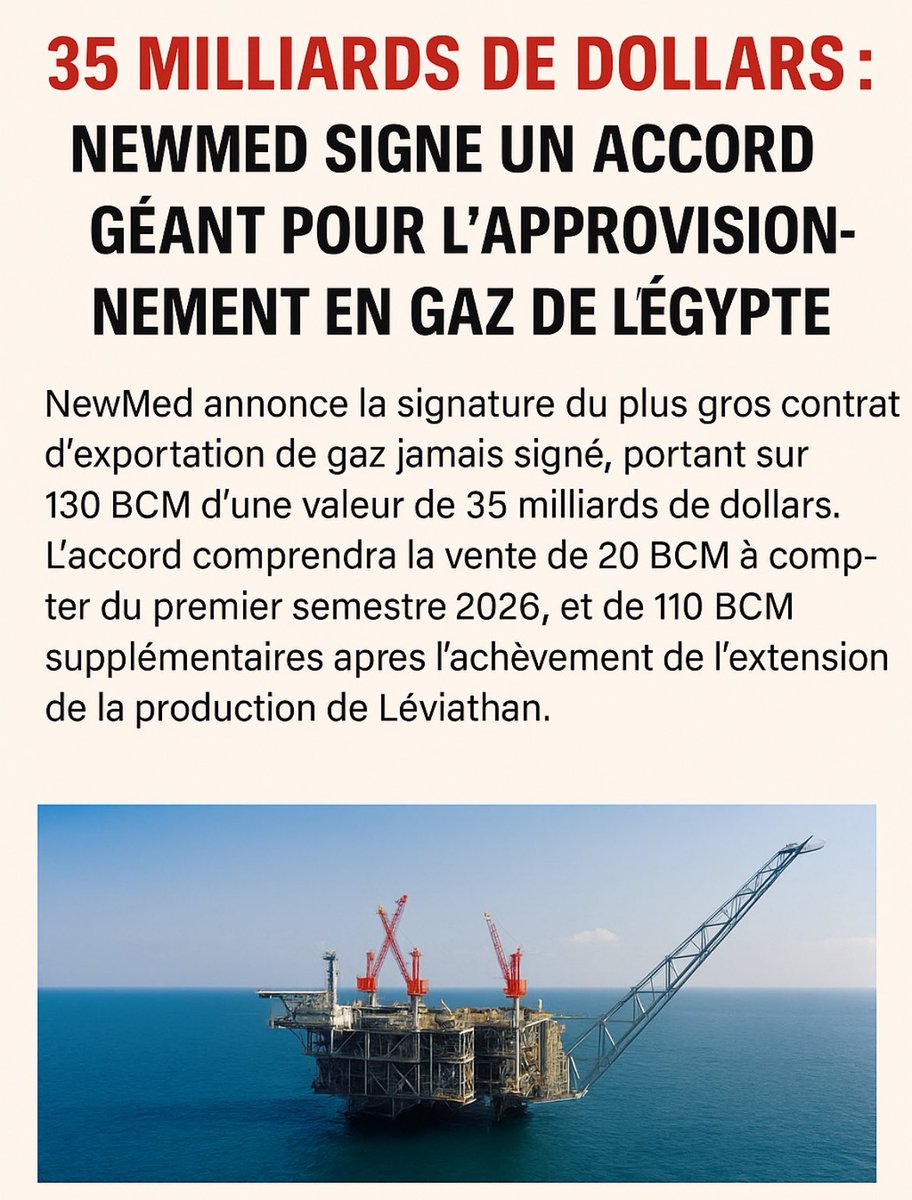 🔴🇮🇱 | #ISRAËL &gt; Accord gazier HISTORIQUE avec l’Égypte💥 Le plus gros contrat d’exportation de l’histoire du pays vient d’être signé.

🟡 130 milliards de m³ de gaz
💰 35 milliards de dollars
📆 Livraison : dès 2026 (20 bcm), puis extension à 110 bcm

👉 NewMed (Israël) fournira