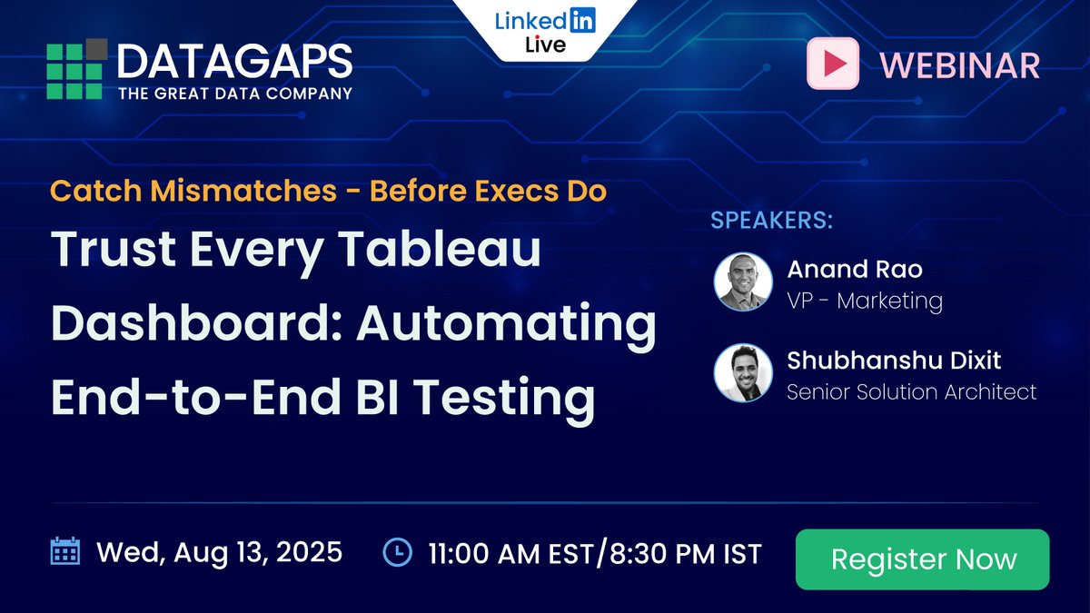 DatagapsTeam's tweet image. Report-to-database reconciliation, parameter-aware SQL, and Spark-scale compares - all without writing code. Join the webinar to see how Datagaps flags worksheet-level gaps in seconds. hubs.la/Q03B3qGD0
@DatagapsTeam
#TableauQA #NoCodeAutomation #SparkScale #DataOps