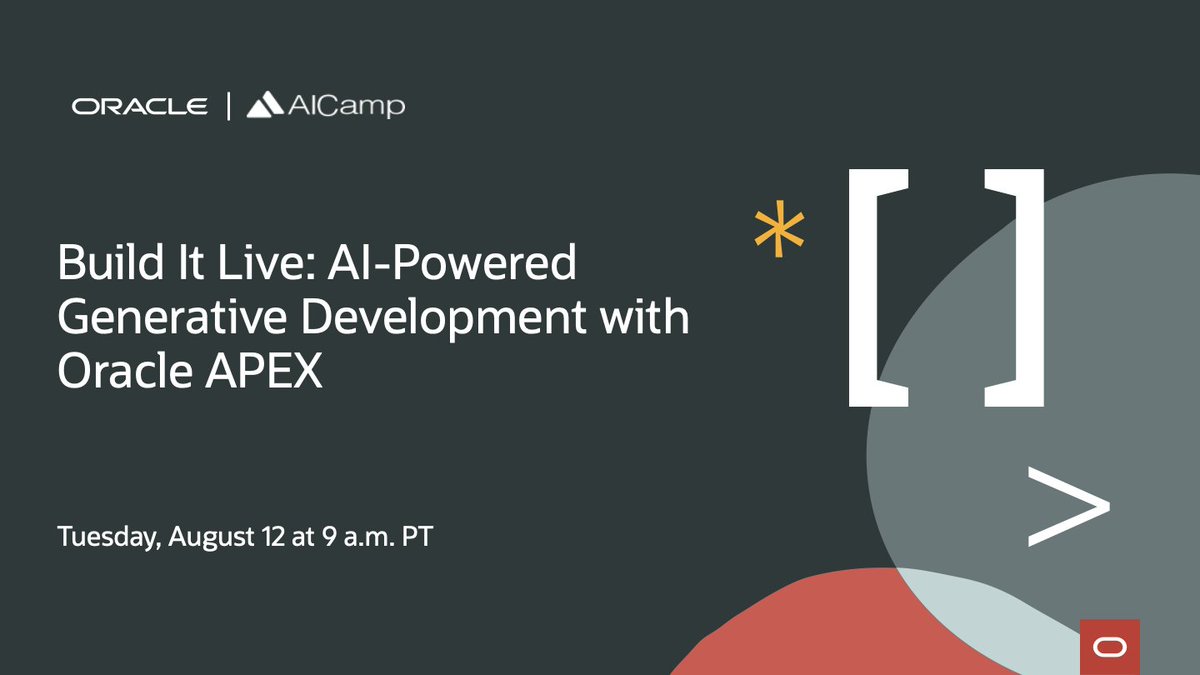 Oracle APEX (@oracleapex) on Twitter photo See #GenDev in action with #orclAPEX โ watch us build an app live at the AI Virtual Seminar by <a href="/Oracle/">Oracle</a> & <a href="/aicampai/">AICamp</a> with <a href="/toufiqmoh/">Toufiq #orclAPEX</a> & <a href="/ashwinrao286/">Ashwin S Rao</a>.
๐ง Build It Live: AI-Powered Generative Development
๐๏ธ Aug 12 | 9 AM PDT | Virtual
RSVP: social.ora.cl/6013fiBqL
#LowCode See #GenDev in action with #orclAPEX โ watch us build an app live at the AI Virtual Seminar by <a href="/Oracle/">Oracle</a> & <a href="/aicampai/">AICamp</a> with <a href="/toufiqmoh/">Toufiq #orclAPEX</a> & <a href="/ashwinrao286/">Ashwin S Rao</a>.
๐ง Build It Live: AI-Powered Generative Development
๐๏ธ Aug 12 | 9 AM PDT | Virtual
RSVP: social.ora.cl/6013fiBqL
#LowCode