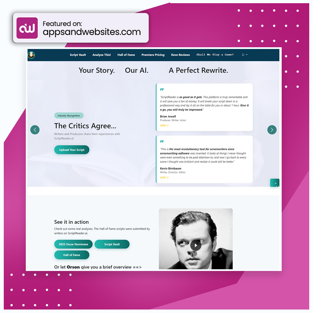 AppsandWebsites's tweet image. 🎥 Boost your screenplay with scriptreader.ai! Get AI-powered feedback and detailed critiques to refine every scene. Perfect your story and bring it to life on the big screen!
#ScriptReader
#AITool🌟📜
More awesome AI tools for you to check out: appsandwebsites.com/directory/ai-t…